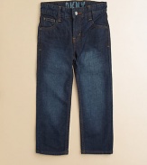 Your little man will be styling in these classic, straight-leg jeans with contrast stitching in a five-pocket style.Front button closureWaistband with belt loopsZip flyFive-pocket styleCotton/PolyesterMachine washImported