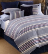 Snug stripes. This Sun Valley decorative pillow from Tommy Hilfiger features textured blue and ivory vertical stripes with red and tan accents. Hidden zipper closure.