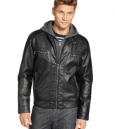 This Calvin Klein faux leather jacket looks just as good as the real thing, with an optional zip-out knit hood for an added layer of rugged charm.
