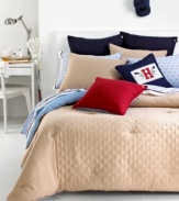 Clean, classic and comfortable! This Khaki Hilfiger Prep comforter boasts traditional Tommy Hilfiger styling with a touch of casual appeal. Allover diamond quilting and signature ribbon elements add extra dimension to your bed.
