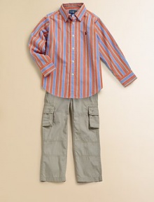Sleek multi-stripes enliven a handsome long-sleeved sport shirt, crafted in crisp cotton poplin for a classic fit and iconic look.Button-down collarLong sleeves with barrel cuffsButton frontShirttail hemBox pleated backCottonMachine washImported Please note: Number of buttons/snaps may vary depending on size ordered. 