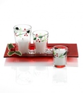 Etched and hand painted with a festive pattern of holly and berries, Winterberry candle holders bring merry Christmases to light. Featuring three votives set in a textured red tray.