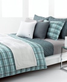 The Odum comforter set from Lacoste features an effortless plaid pattern in a mixture of moss green and smoky blue over ultra-comfortable cotton. Subtle lines of light rust run through the casual look, offering a coordinate with textured Lacoste bedding accents. The Odum comforter set from Lacoste features an effortless plaid pattern in a mixture of moss green and smoky blue over ultra-comfortable cotton. Subtle lines of light rust run through the casual look, offering a coordinate with textured Lacoste bedding accents.
