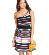 Commit to style that pops! Stripes rule on a totally colorful, one-shoulder dress day dress from BeBop.