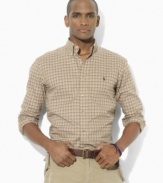 A preppy madras pattern enlivens a classic-fitting sport shirt, tailored from soft cotton twill for comfortable style.