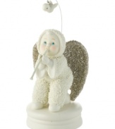 Time for a sing-a-long. A precious Snowbaby with piercing blue eyes and gold wings plays a musical instrument in this timeless figurine from Department 56.