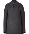 Classically refined style is effortlessly achieved with Belstaffs chic update on the tried-and-true pea coat - Large spread collar, double-breasted silhouette, front button placket, flap pockets, zipper cuffs, flared fit - Style with jeans, a tee, and lace-up suede booties