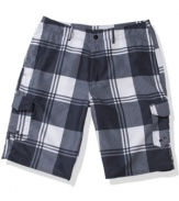 Be bold. Make a strong style statement with these comfortable buffalo-plaid cargo shorts from Univibe.