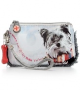 Dog gone it--meet your new best friend. This canine covered design from Fuzzy Nation goes from a wristlet to a mini clutch with just one click. Done up with an adorable doggie screenprint, fun detailing and faux fur interior, it's the one accessory that's sure to fetch some attention.
