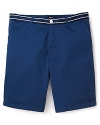 Bring some boyish charm to your warm weather wardrobe with these bright shorts featuring a fun ribbon-stripe waistband.
