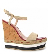 City chic meets sporty staple on plenty by tracy reese's Tess wedges, combining soft suede with slick patent and finished with earthy cork--a striped trim at the sole lends graphic punch.