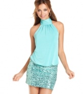 Paint the town turquoise in this hot party dress from Speechless, where a blouson-style halter top offsets a glimmering skirt!