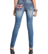 Rocking a cool back pocket that's stamped with the British flag, transatlantic-cool abounds on these super-whiskered skinny jeans from Dollhouse!