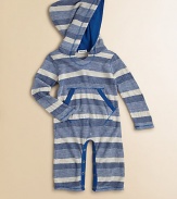 A precious little one-piece for baby in a snap-front silhouette with an attached hood. V-neckAttached hootLong sleevesFront kangaroo pocketsSnap front and bottomPolyester/rayonMachine washImported