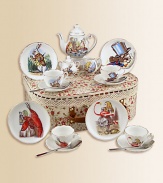 This heirloom quality children's tea set features original John Tenniel illustrations from the classic story, Alice in Wonderland. Each porcelain piece is hand-embellished in 22k gold. Set includes four plates, four tea cups & saucers, one tall tea pot, sugar & creamer and four stainless steel spoons all beautifully and safely stored in a fabric-lined trunk case.Beautifully gift boxed, 11.5W X 9H X 4DPorcelainPlate, 3.75DTea cup, 1.5 oz. 