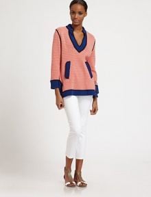 Striking by design, a v-neck knit with a flawless combination of prints and solid trim for an almost three-dimensional effect.V-neckThree-quarter sleevesSlash pocketsPull-on styleAbout 27 from shoulder to hemCottonDry cleanImported Model shown is 5'9 (175cm) wearing US size Small. Striking by design, a v-neck knit with a flawless combination of prints and solid trim for an almost three-dimensional effect.V-neckThree-quarter sleevesSlash pocketsPull-on styleAbout 27 from shoulder to hemCottonDry cleanImported Model shown is 5'9 (175cm) wearing US size Small.