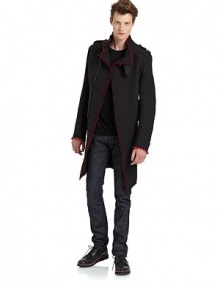 THE LOOKTailored in a scuba-like techno fabricationStand collar with tab and pin closureEpaulettesConcealed front zipperDual vertical zip pocketsRaw edge detailsLong sleeves with tab accents and zip cuffsCenter back ventInside welt pocketInside logo tagTHE FITAbout 39 from shoulder to hemTHE MATERIAL70% polyamide/29% acrylic/1% silkSecond fabric: 63% wool/37% cottonCupro liningCARE & ORIGINDry cleanMade in Italy