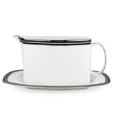 In the hands of kate spade, black and white is anything but basic. Dancing ebony stitched stripes provide a stunning contrast to the pristine china of the Union Street sauce boat with stand.