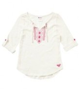 She can sport a beachy style with this cozy looks and feel of this embroidered top from Roxy.