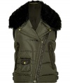 Amp up your outwear wardrobe with Belstaffs iconically cool edge, and opt for the utilitarian-chic Milton vest in jet black accented military green - Notched lapel, asymmetrical front zip, zippered and snapped pockets, belted sides, fitted - Pair with urban-cool separates and jet black accessories