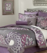Bursts of blossoms in a modern, geometric print create dazzling style for any bedroom. The Bloom 8 piece comforter set features a comforter covered in a mosaic of blossom quilting with a smooth, tufted border. Solid accent pieces and a reverse of purple and silver enhance this collection with sweet and simple charm. (Clearance)