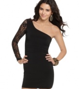 Ruby Rox blends a sweet little black dress with a bit of rebel -- the one-shoulder style features a long lace sleeve and a fitted silhouette that begs for your boldest booties!