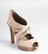 In nude suede and genuine watersnake, Tory Burch's Waverly sandals lend a luxe look atop a tall five-inch heel.