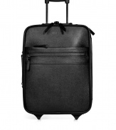 Travel in immaculate style with Burberry Londons textural black leather carry-on - Zippered front pocket, retractable handle at back, reinforced base with wheels, checked lining - The perfect size for carrying on-board, or for packing away chic weekend essentials