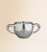 Heirloom-quality and perfect for engraving, the two-handle cup is handcrafted in lustrous alloy metal that makes it a perfect display amid baby photos and other childhood mementos. tarnish resistant Can be heated or chilled in the freezer 7-ounce capacity Hand wash 2½H X 5½ diam. Imported 