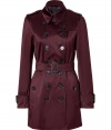 The classic trench gets a high style update from Burberry London with a wine-hued satin fabrication and a flattering slim fit - Spread collar, epaulets, long sleeves with belted cuffs, front button placket, double-breasted, button flap detail at shoulders - Belted waist, flap pockets, buttoned back yoke, back vent - Wear with an elevated jeans-and-tee ensemble or a cocktail look