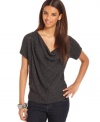 A cowl neckline and metallic accents perk up this petite sweater from DKNY Jeans!