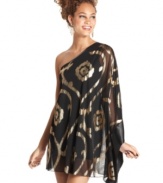 Stand out from the crowd in this hot one-shoulder number from Ruby Rox! A kimono sleeve and sheer overlay add instant glam to a fitted silhouette!