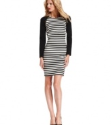 Solid sleeves emphasis the bold stripes of MICHAEL Michael Kors' ponte-knit dress, while gold zippers at the shoulders add an element of luxe.