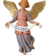 Proclaiming the sentiment Gloria, adorn your Nativity scene with this angel figurine to watch over and offer well wishes to the newborn babe. Embellished with gold wings and lovely painted details.