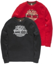 For the ultimate outdoorsman. This Timberland long-sleeve T shirt keeps you covered no matter where you go. For the ultimate outdoorsman. This Timberland long-sleeve T shirt keeps you covered no matter where you go.