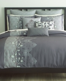 Fresh perspective. Featuring an appliqué-and-embroidery leaf motif along with contrast dot designs, Bryan Keith's Oxford comforter set offers a modern appeal in tones of deep purple and soft gray and green. Quilted European shams and delicately embroidered decorative pillows complete this set with careful attention to detail. Comforter reverses to the same print as the stripe design in the leaf appliqué.