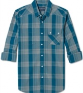 Asymmetric chest pockets add a twenty-first century spin to this long-sleeved shirt in retro plaid from American Rag.
