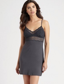 A seductive style with chevron lace accents and the added comfort of stretch.Scalloped V necklineThin strapsAbout 33 from shoulder to hem50% triacetate/33% nylon/17% elastaneHand washMade in Italy