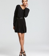 Flattering ruching at the front of this Rebecca Taylor dress lends chic detail to the LBD-downtown-oriented with a studded belt for a dose of cool-girl attitude.