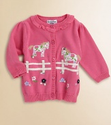 Floral ponies gracefully graze in a flower-sprinkled pasture on the front of a charming cardigan with a pretty ruffle.Ribbed crewneck with ruffleSoft gathering at the shouldersLong sleeves with ribbed cuffsRibbed button placketFront appliqués and embroideryRibbed bottomCottonMachine washImported Please note: Number of buttons may vary depending on size ordered. 
