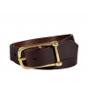 Easy elegance is a cinch with Paul Smiths dark brown belt - Smooth, supple leather and longer, rounded rectangular gold-tone buckle - Versatile, medium width style ideal for any number of occasions - Pair with chinos, dress trousers or dark denim