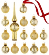 Strike gold with Kurt Adler's big set of mini Christmas ornaments. Glass with a matte or shiny finish is striped and spotted with metallic glitter, creating an altogether elegant tree.