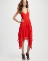 Breezy silk chiffon tailored with a fitted camisole bodice and a billowing tiered skirt.Adjustable spaghetti straps V neckline Triangle bust Asymmetrical-tiered skirt About 23 from natural waist Silk; dry clean Made in USA of imported fabric