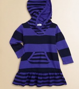 Stripes both thick and thin are enchanting on this cute pullover style of soft French terry with a cozy hood and a wide ruffle at the hem.Narrow-striped hoodRibbed crossover necklineLong sleevesSlightly flared bodyKangaroo pocketRuffled hemPullover stylingModal/cottonMachine washImported