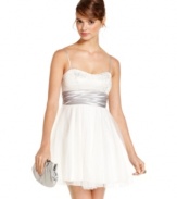 Twirl the night away in the perfect party dress from Speechless! Featuring a prominent satin sash and skirt of glittered tulle, this a-line frock is as sweet as it is chic.