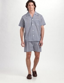 A remarkably comfortable shirt and shorts set, woven especially for summer in breathable cotton batiste. Machine wash. Imported.SHIRTSpread collar Front button closure Chest patch pocketSHORTSSide elastic waist insets Two-button elastic waist Button fly No pockets Inseam, about 4 
