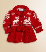 A reindeer-and-winter scene design gives classic seasonal charm to an adorable babydoll cardigan.Shawl collarLong sleevesButton-frontWaistband with pom-pomsCable-knit skirtCottonMachine washImported Please note: Number of buttons may vary depending on size ordered. 