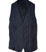 The classic vest gets an edgy-cool update with a distressed crinkled look and a slim, modern fit - Four-button placket, two chest and two waist slit pockets, adjustable back belt - Style with a clean button down, slim trousers, and lace-up dress shoes
