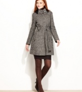 A knit collar lends cozy charm to elegant tweed in this stylish coat from Calvin Klein.