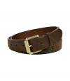 Gorgeous, dark brown leather belt features decorative beading that dresses up in even the most casual look with subtle, bohemian style - Medium width, it features a classic shape and slightly bevelled buckle - Wear with favorite boyfriend jeans or cut-off shorts and favorite gold-color leather thongs